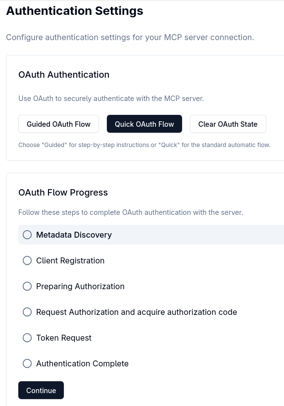 MCP Inspector OAuth2 Settings Progress