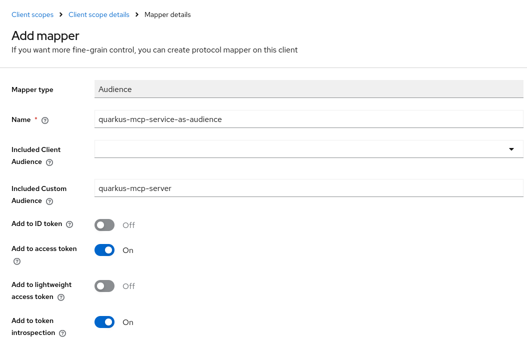 Keycloak quarkus-mcp-server audience mapping