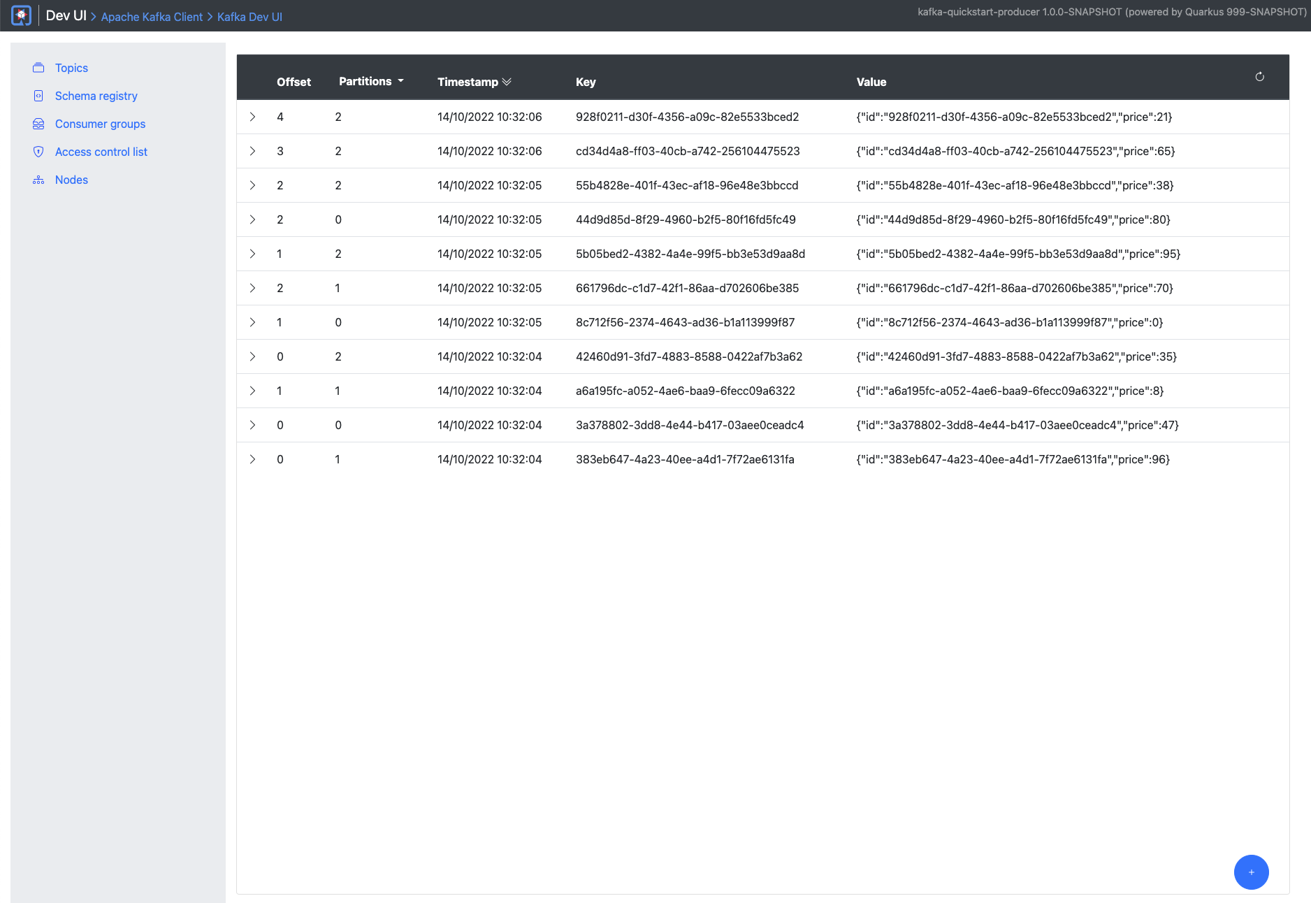 Kafka Dev UI records